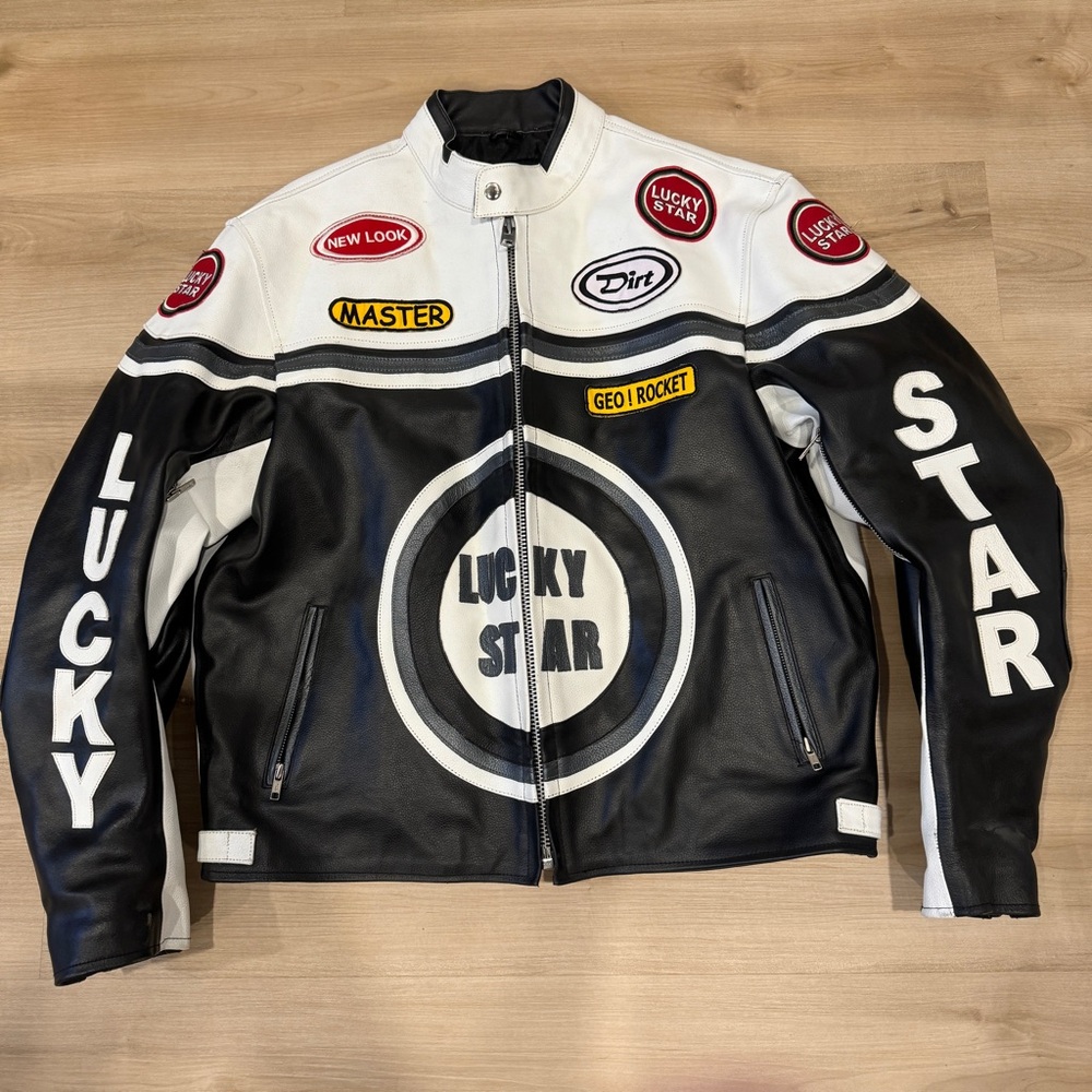 Men’s XL Lucky Star Genuine Leather Motorcycle Jacket in black and white